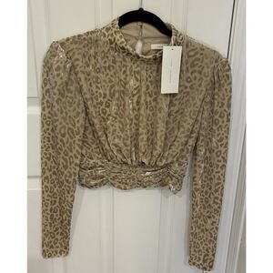 Lush NWT Leopard Velvet Crop Top Smocked High Neck Cutout Small Y2K